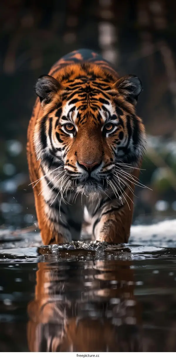 A fierce tiger is walking through the water