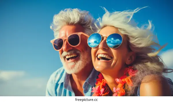 Happy retired couple on vacation at the beach