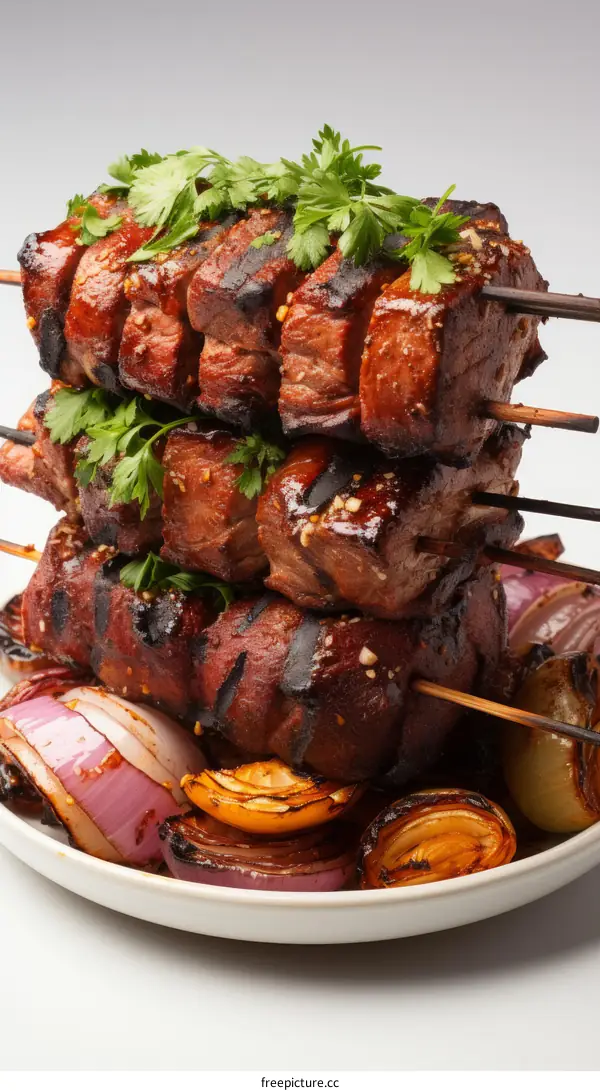 Beef tenderloin skewers with grilled onions