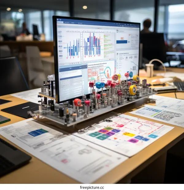 An engineer works on a project with a computer and a 3D printer