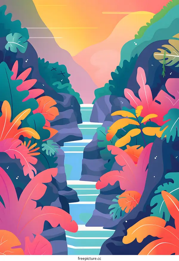 Tropical Rainforest Waterfall Illustration