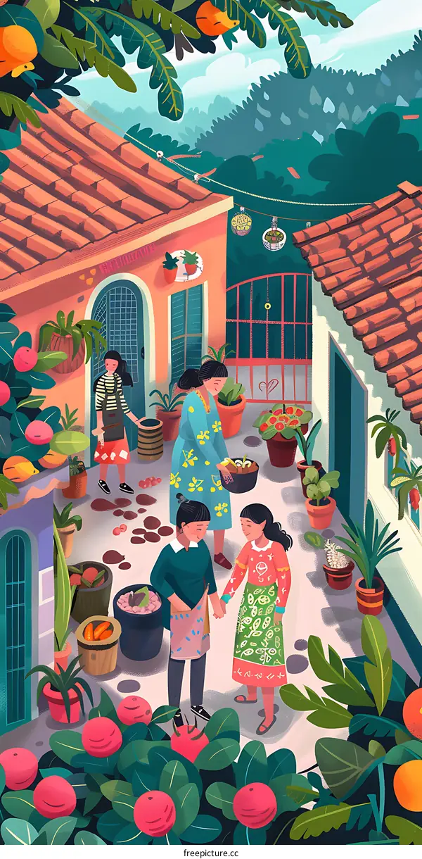 Happy Family Gather in the Garden Courtyard