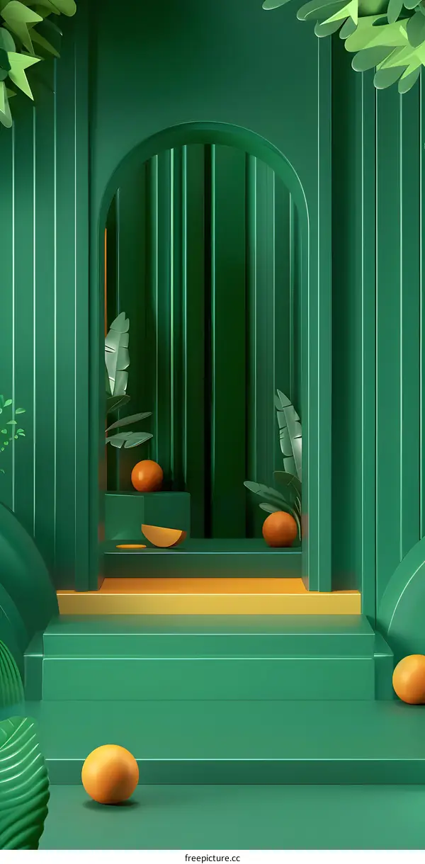 Green Minimalist 3D Product Display with Tropical Leaves and Orange Spheres