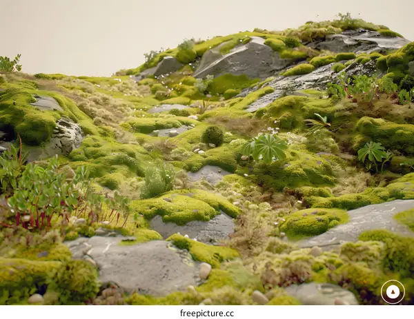 Green Mossy Landscape With Rocks And Plants