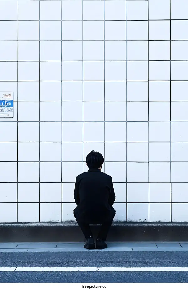 Man Sitting in Front of White Tile Wall