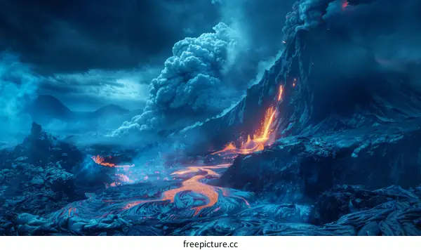 Molten Lava Flowing Down a Rocky Mountainside During a Volcanic Eruption