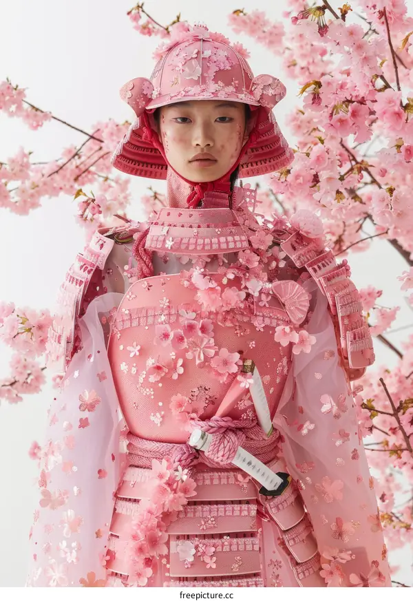 A woman wearing a pink samurai armor stands in a field of cherry blossoms.