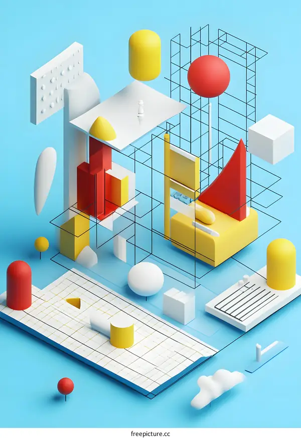 Abstract 3D Illustration with Geometric Shapes and Grids on Blue Background
