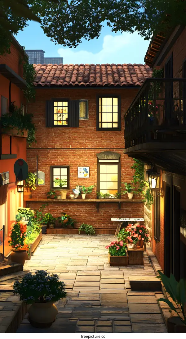 Italian Style Backyard with Brick Walls and Flowers
