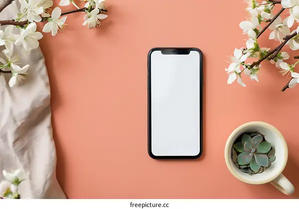 Blank Screen Smartphone with White Flowers and Succulent Plant on Orange Background