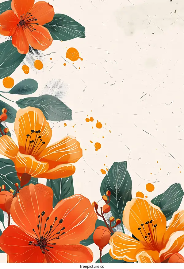 Orange Flowers and Green Leaves Watercolor Painting Illustration