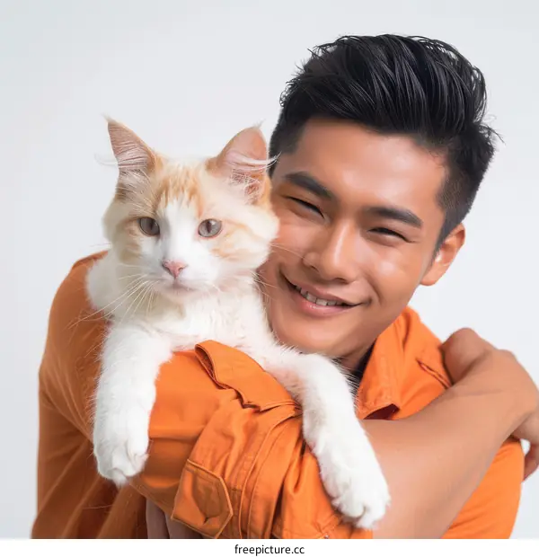 A young Asian man with a cat on his shoulder