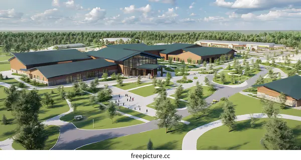 Aerial View of Modern Building with Green Roof and People