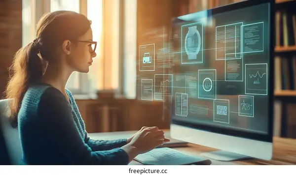 Focused Woman Working on Computer with Holographic Interface