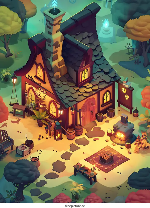 Fantasy Cottage in a Forest Illustration