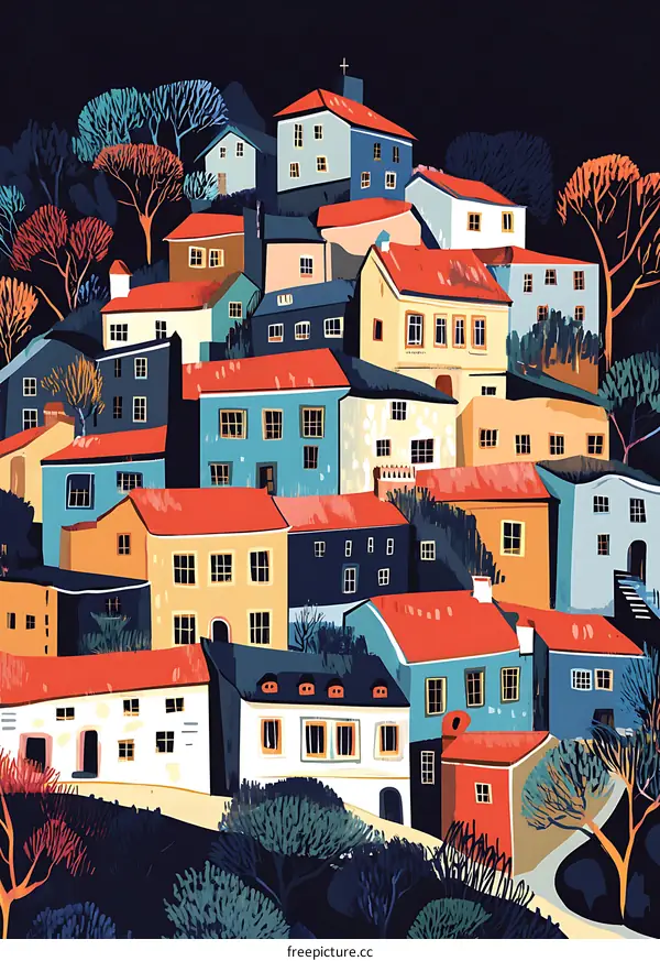 Colorful Illustration of a Town with Houses