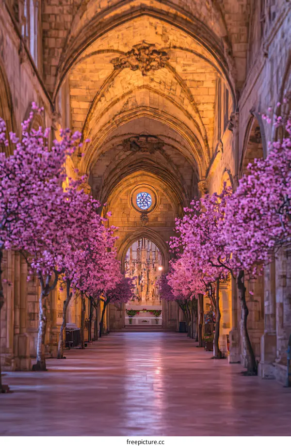 Pink Trees In A Stone Church Hallway