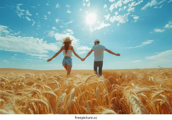 Couple walking through a wheat field holding hands