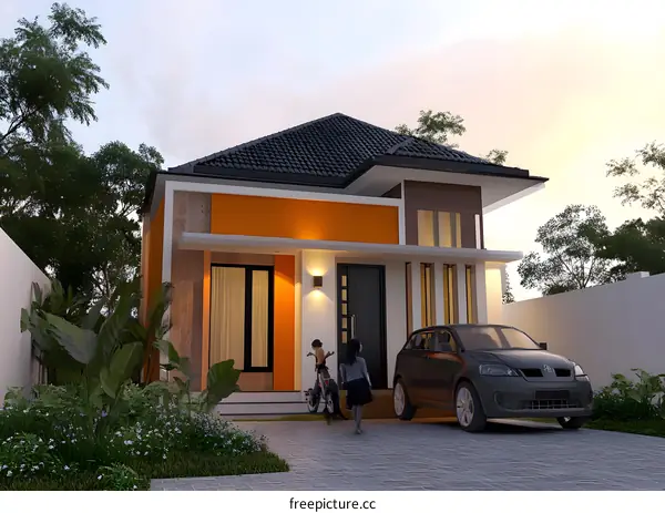 Modern Orange House with Car and Two People
