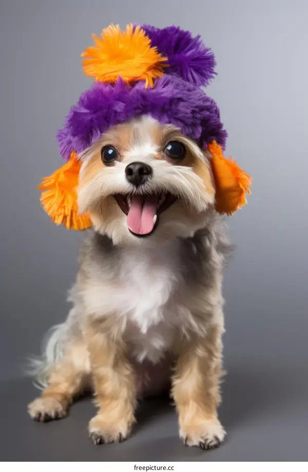 A happy Yorkshire Terrier dog wearing a purple and orange hat with earflaps