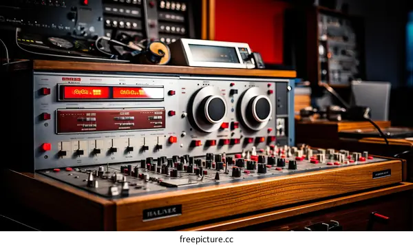 Retro broadcast radio station mixing console with vu meters and knobs