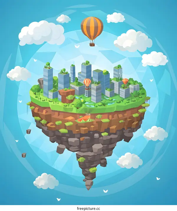 Floating City with Hot Air Balloons and Clouds