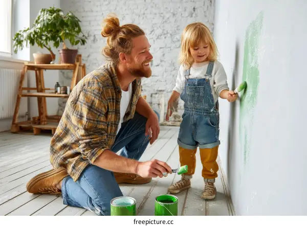 Father and Daughter Painting the Wall Together