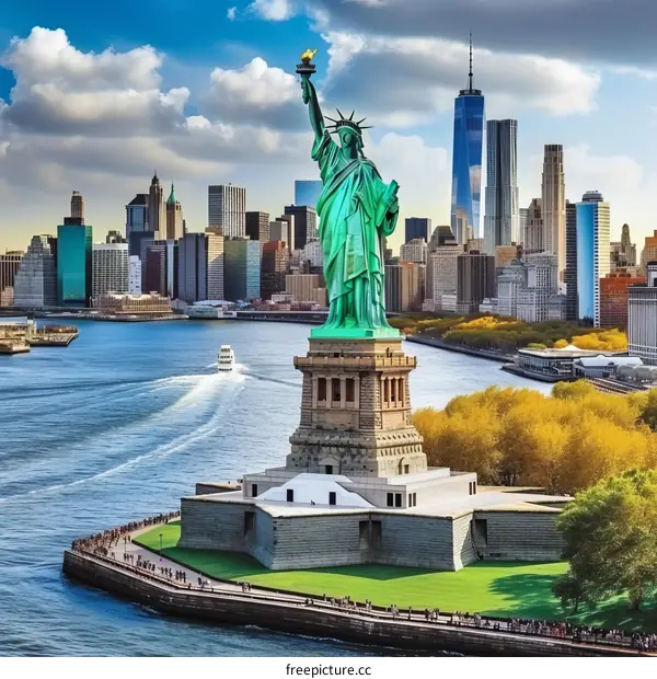 The Statue of Liberty in New York City with a beautiful skyline and a clear blue sky