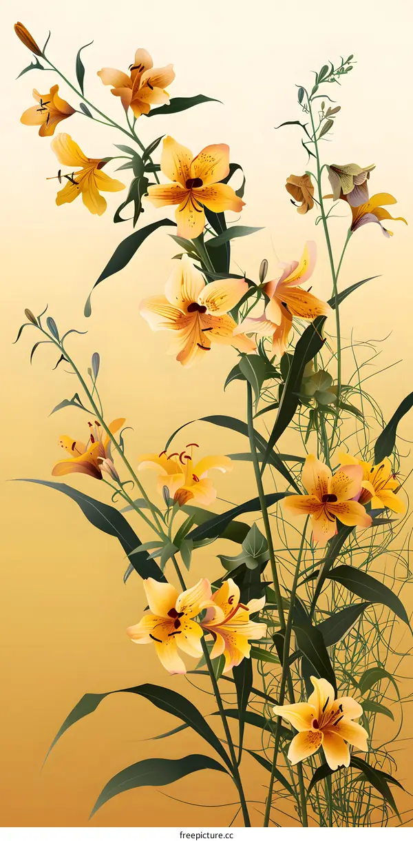 Yellow Lily Flowers Watercolor Painting