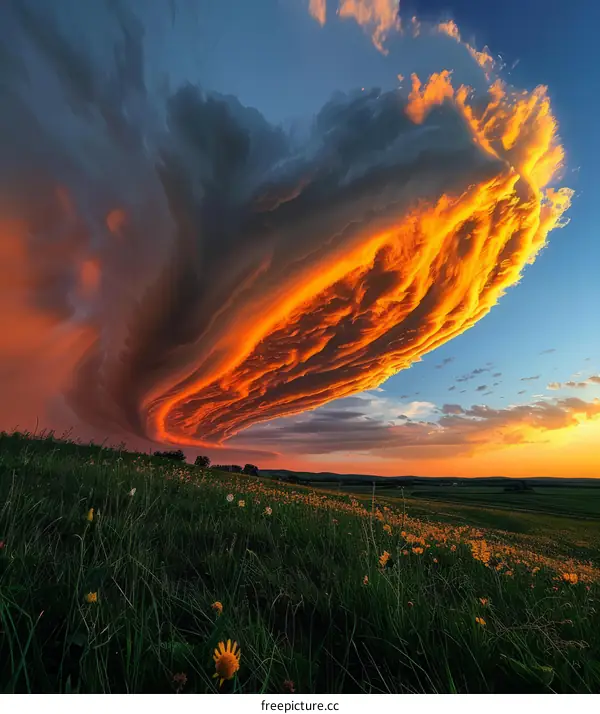 Majestic Shelf Cloud at Sunset over a Field of Flowers