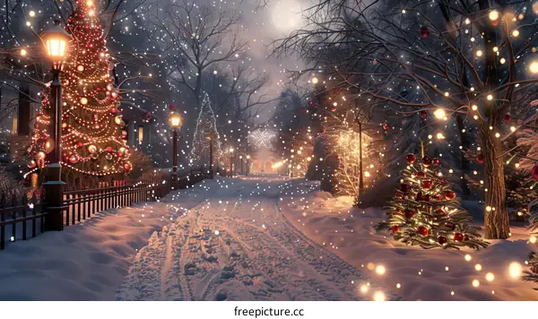 A quiet street decorated for Christmas with snow on the ground and houses decorated with Christmas lights