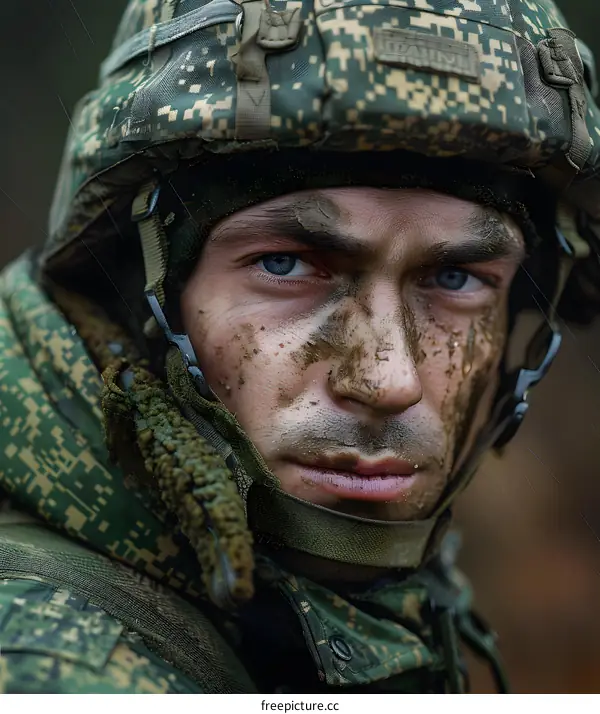 Portrait of a young soldier with blue eyes and a dirty face wearing a military helmet and camouflage uniform
