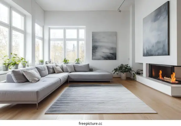 Modern Living Room with Large Windows and Fireplace