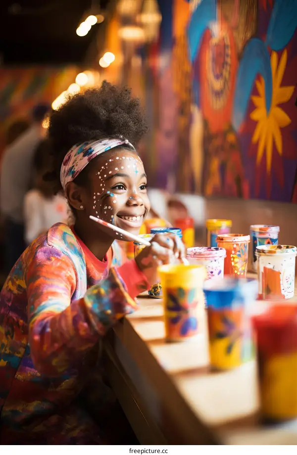 A young girl smiles as she paints at a table