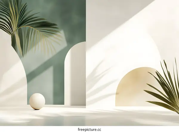 Minimalist White Room with Palm Leaves and Archways
