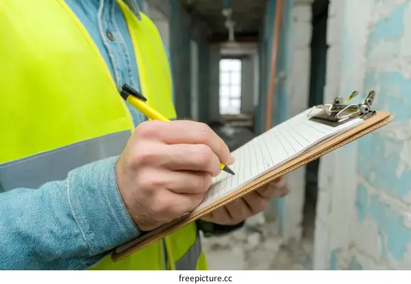 Construction Worker Taking Notes on Clipboard in Under-Construction Building