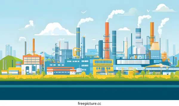 Industrial Factory with Smoke Stacks and Landscape