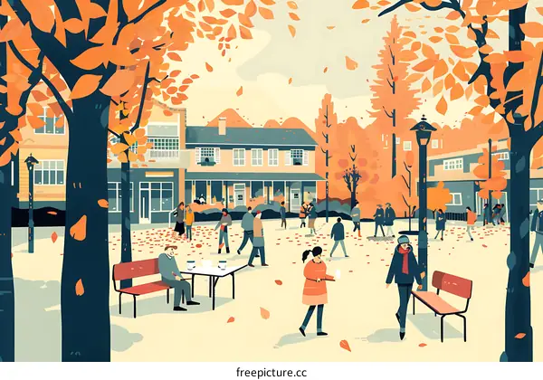 Autumn Day in the Park with People Walking and Sitting on Benches