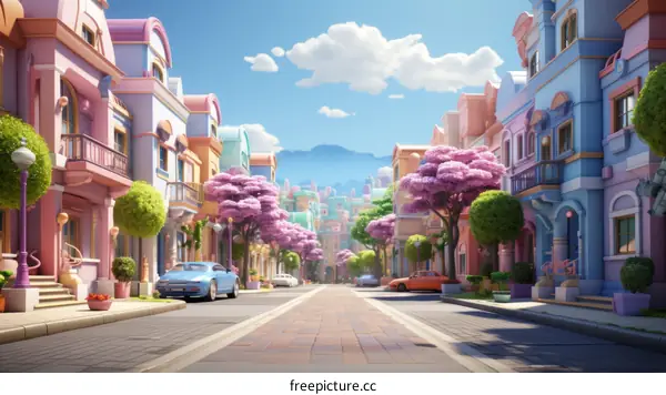 A wide street in a cartoon town with colorful houses and cherry trees