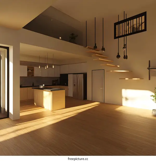 Modern Minimalist Kitchen Interior Design With Wooden Floor And Stairs