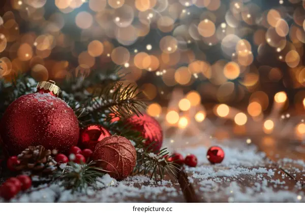 Red and gold Christmas ornaments on a wooden table covered with snow