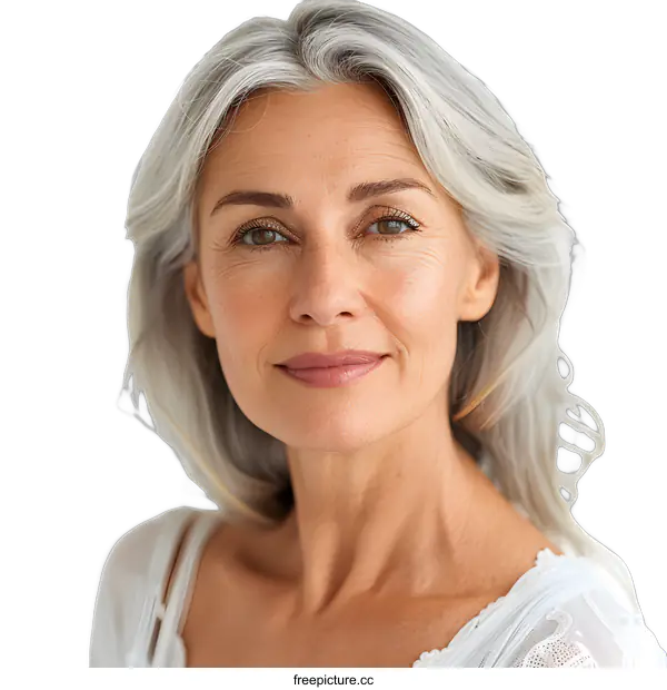 [Transparent Background PNG]Portrait of a beautiful mature woman with gray hair