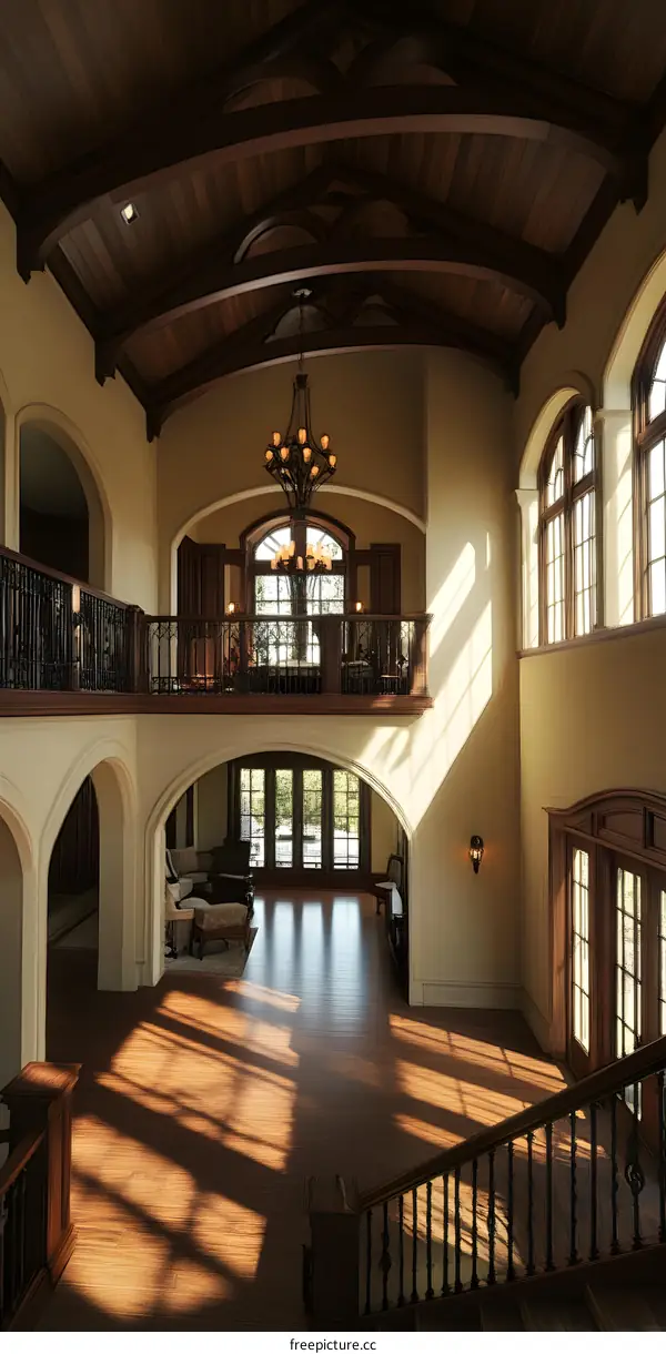 Luxury Home Interior with Vaulted Ceiling and Large Windows