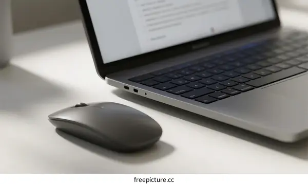 Wireless mouse placed next to a laptop on a desk