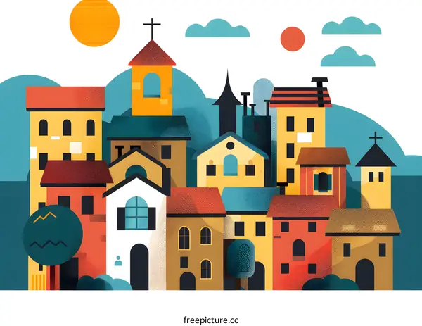 Colorful Illustration of European Village with Church