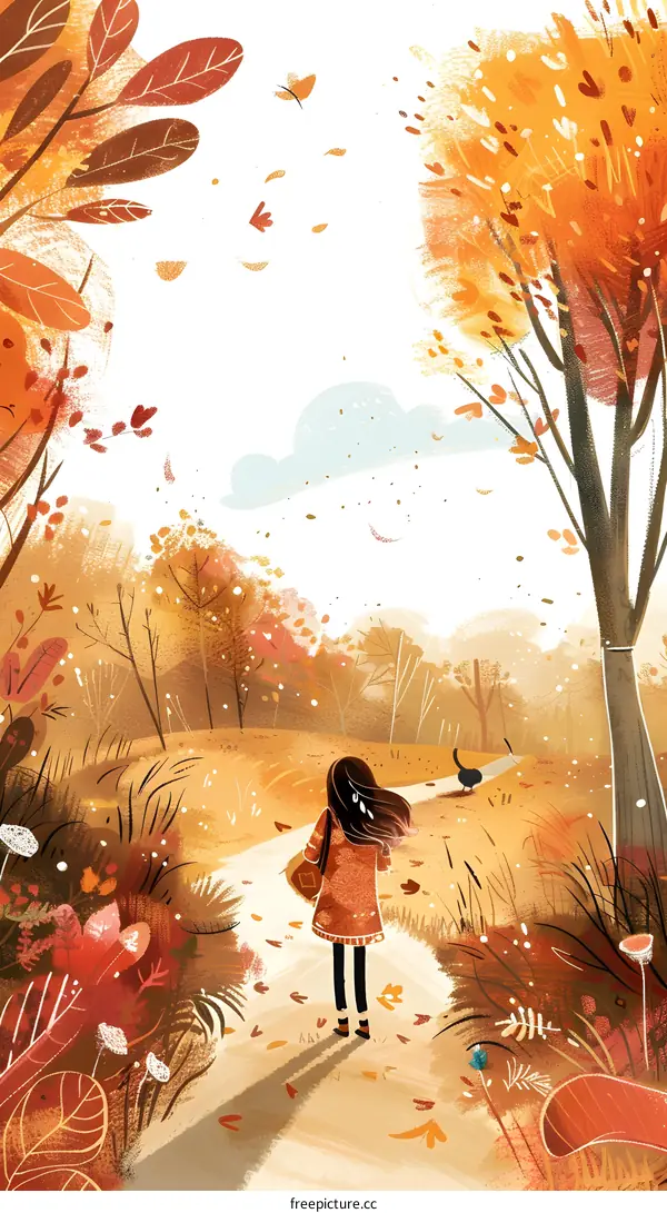 Autumn Walk in the Woods with a Girl and a Bird