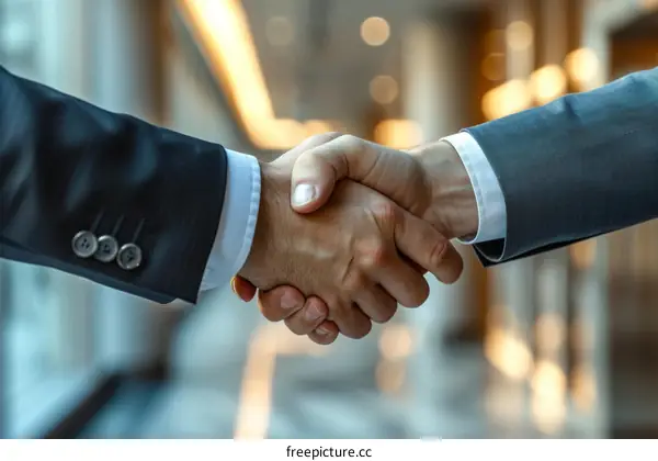 Businessmen shaking hands in agreement making deal concept