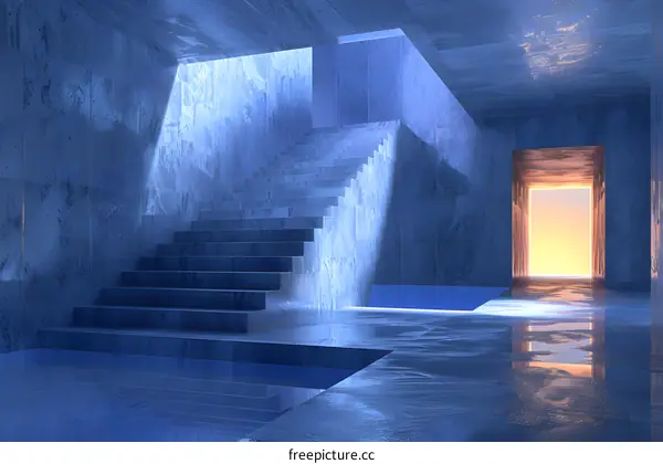 Marble stairs with water reflecting the light