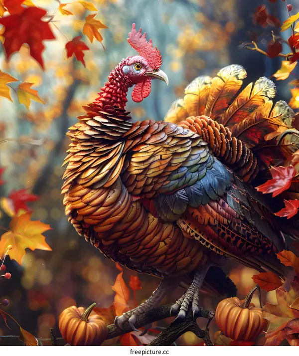 A turkey standing on a branch of a tree decorated with pumpkins and fall leaves.
