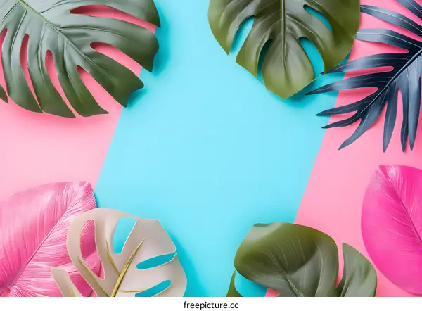 Tropical Leaves on a Pink and Blue Background